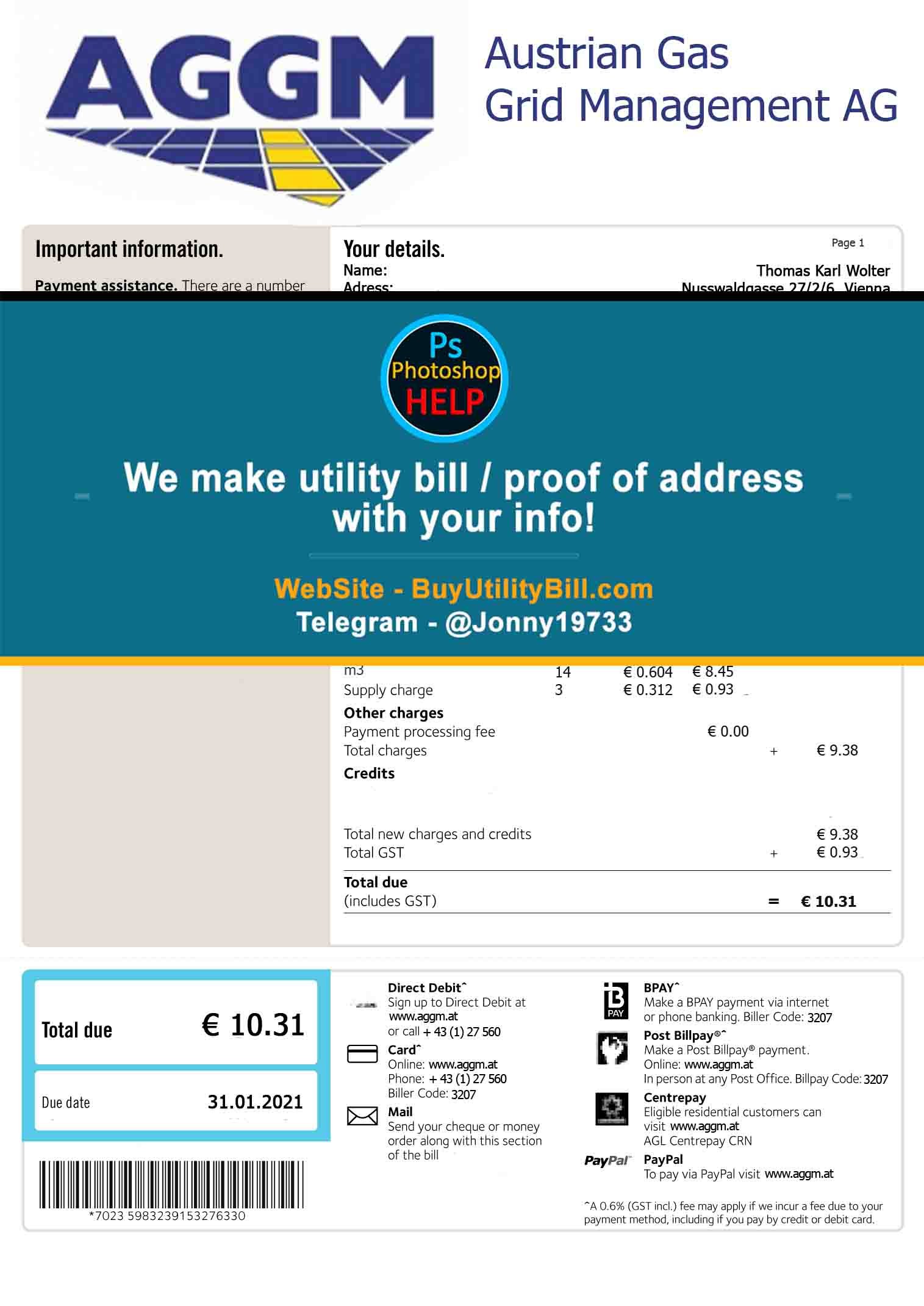 Austria AGGM Gas Fake Utility Bill Fake Utility bill